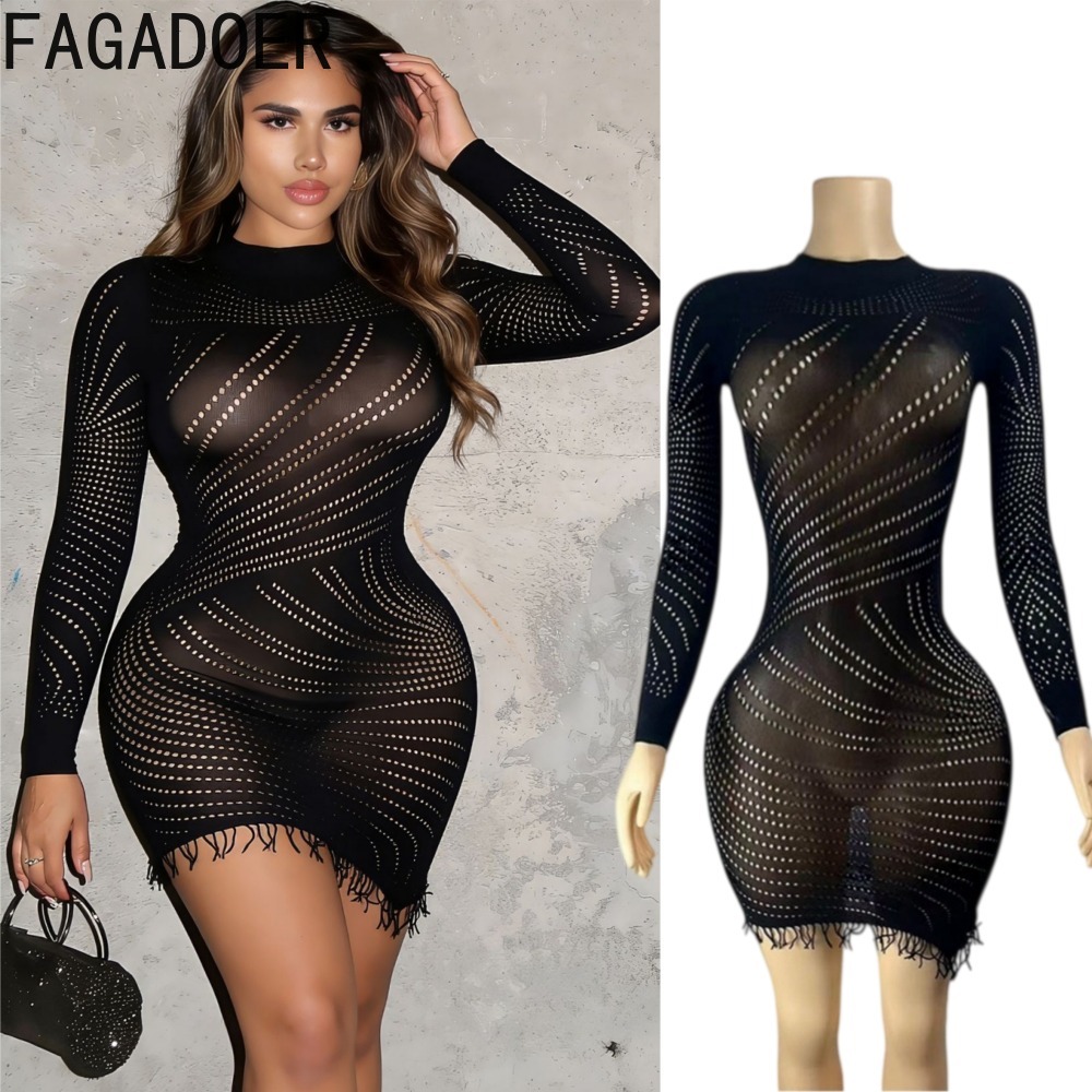 Sexy Mesh Sheer Bodycon Dress - FAGADOER レディース セクシー ボディコン ミニドレス シースルー