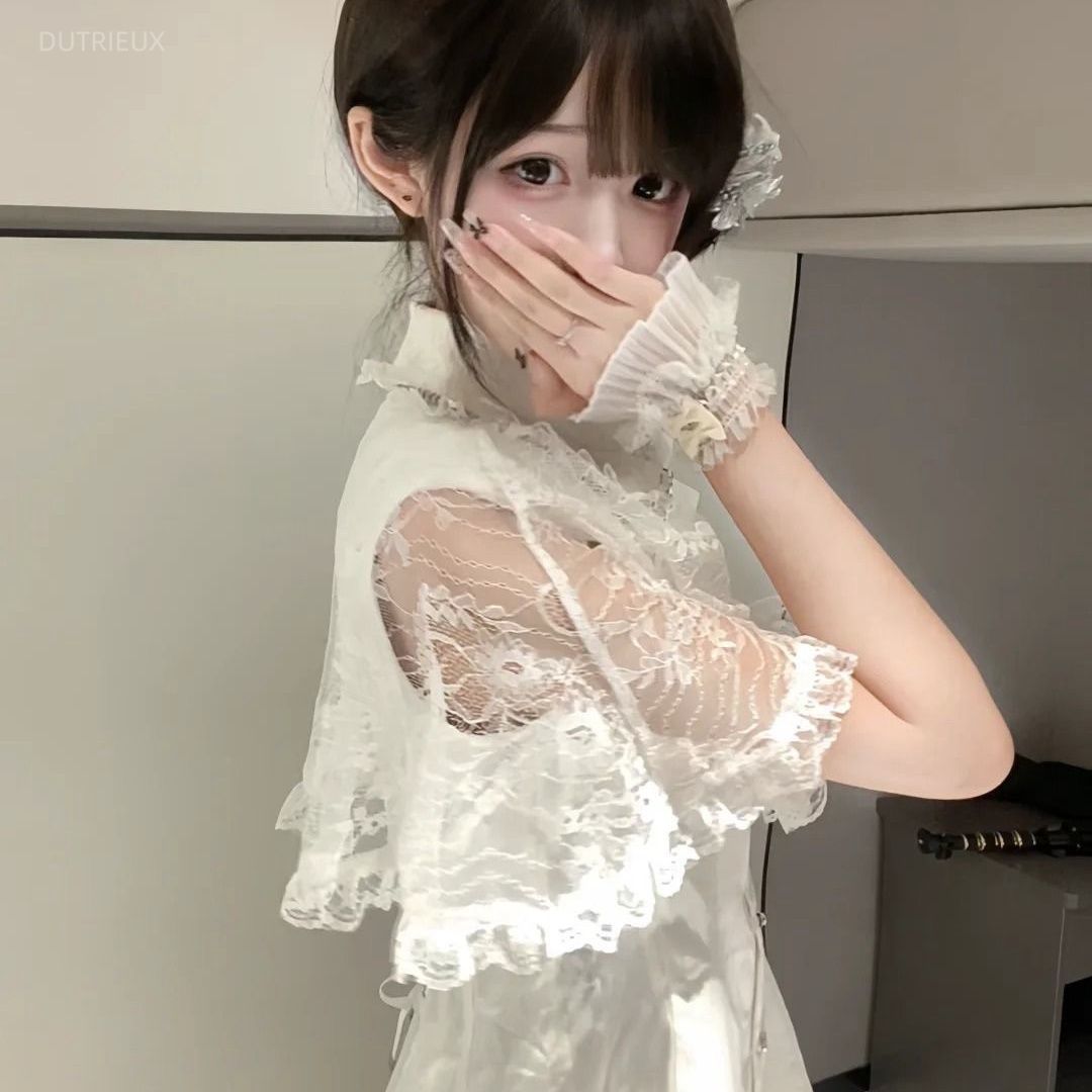 Korean Style A Line Shirt Dress - 日本のゴシックY2Kスタイル ラインストーンボウドレス レディース カワイイ レースフリル ショールシャツドレス
