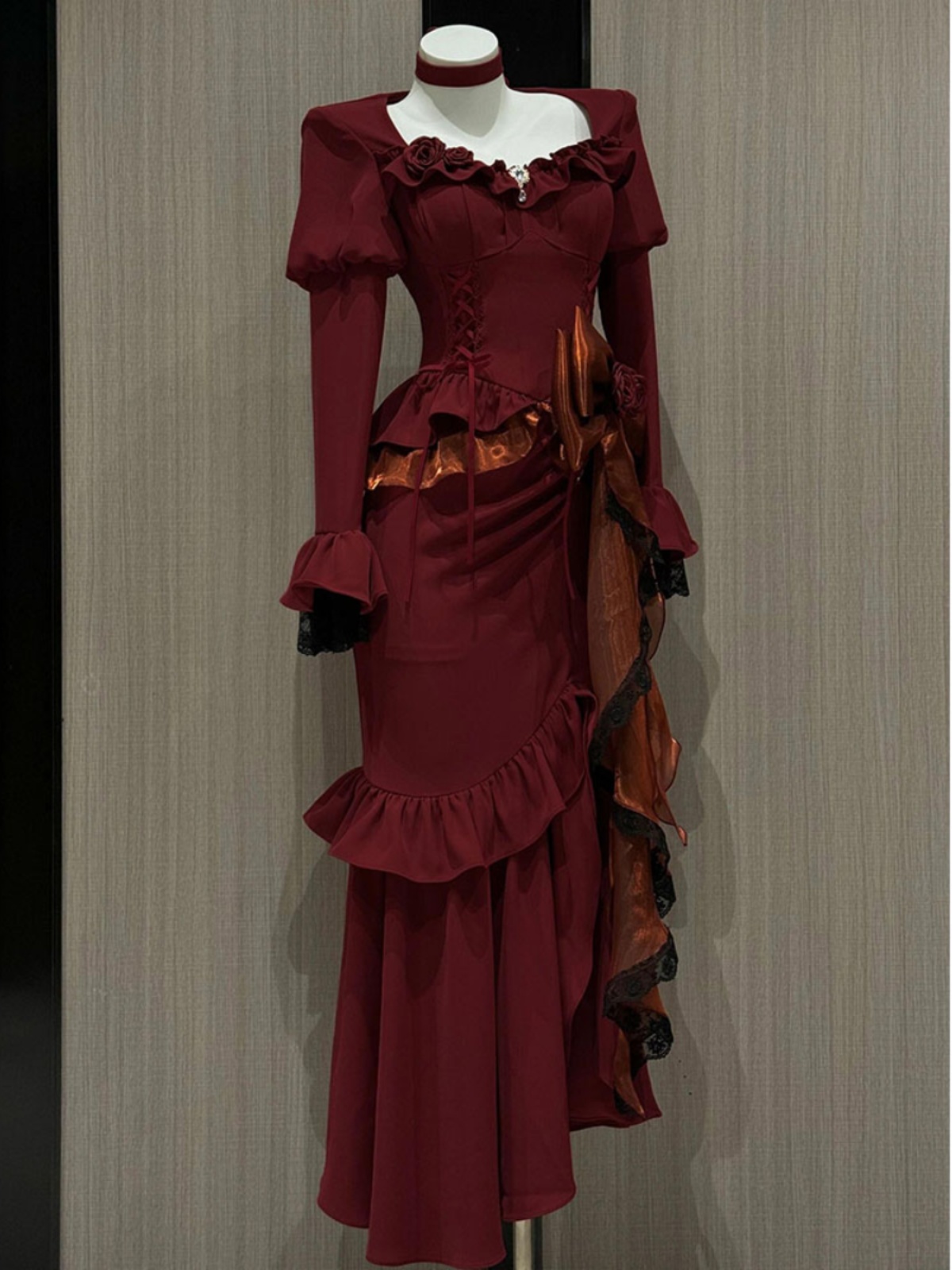 French Vintage Floral Midi Dress - 春赤ヴィンテージドレス女性レースフレンチレトロエレガントなイブニングパーティードレス女性長袖シックなミディドレスハロウィン新