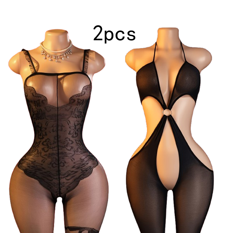 Lingerie - 2点セット – 黒のセクシーなカットアウトデザインの魚網模様ボディスーツ。大胆で、大胆な露出を演出し、魅惑的なランジェリー。