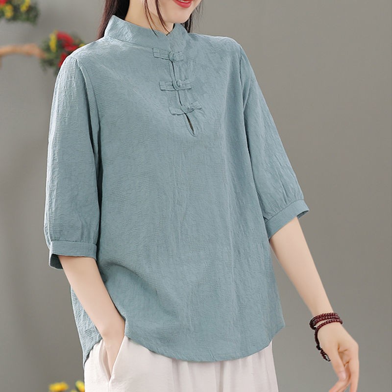 Blouses - プルオーバー、クルーネック、レギュラーレングス、文学的な雰囲気のレトロデザイン、半袖、パッチワーク、レギュラー袖、懐かしい春の装い、女性用。