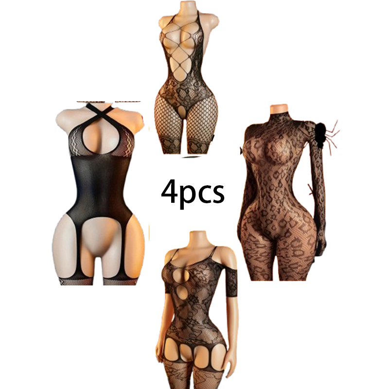 Lingerie - 4ピースセクシーランジェリーセット：女性用メッシュボディストッキング/フィッシュネットボディスーツ