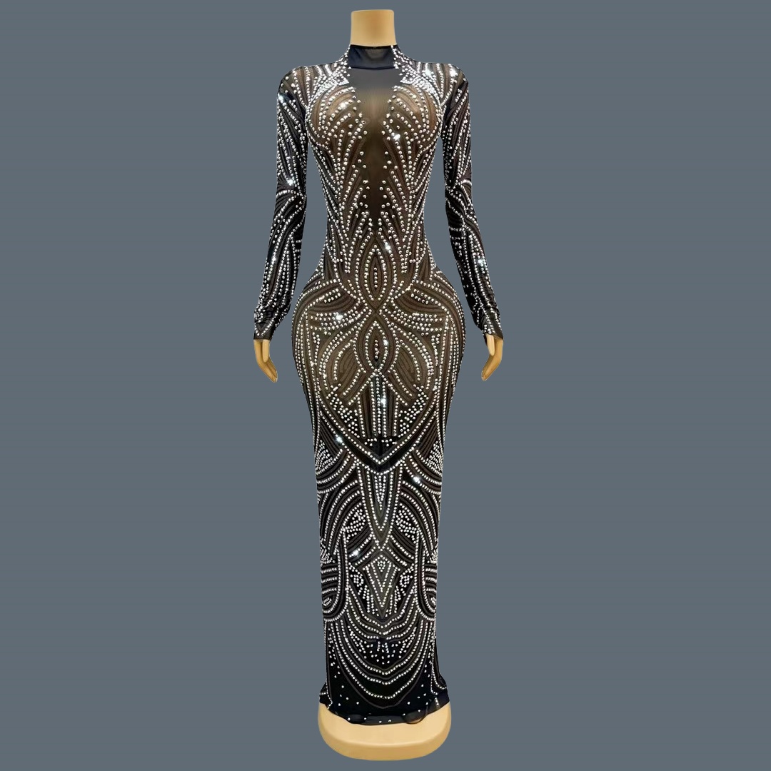 Sparkly Rhinestone Club Party Dress - 黒の新しいデザイン、きらめくラインストーンがあしらわれたイブニングドレス。高級感のあるロングドレスで、カクテルパーティーやレッドカーペットにふさわしい、エレガントな女性用ドレス。華源（Huayuan）。