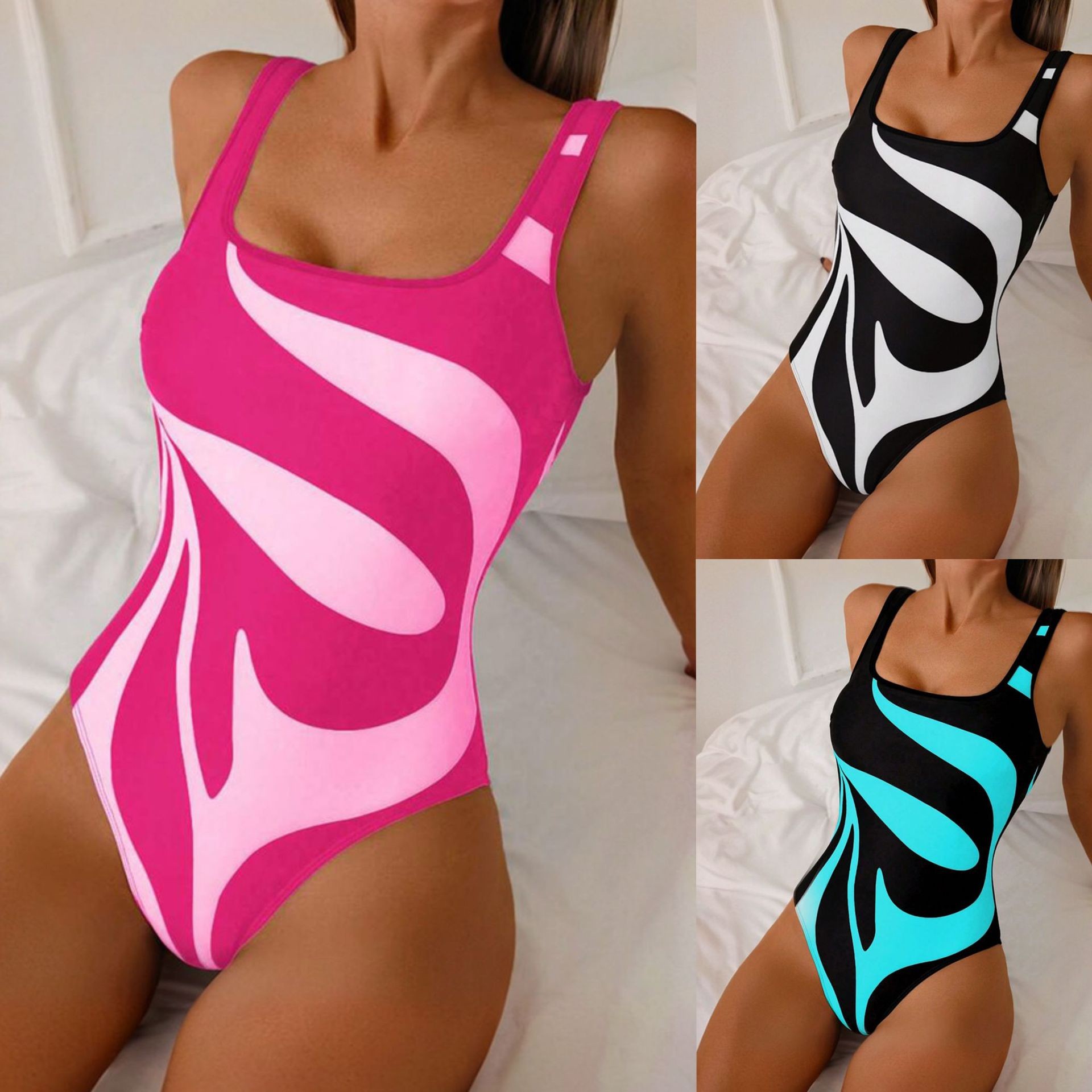 Swimwear - 女性タンキニ抽象プリントビキニハイカットレッグ水着スクエアネック水着ピンクと白の水着タンキニ Y2k 女性用