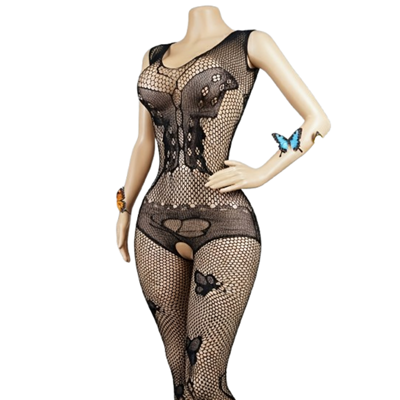 Lingerie - 1点のみの、スタイリッシュでセクシーな黒のボディスーツ。蝶の模様があしらわれた上品なレースのレオタードで、寝室でのランジェリーとして、またはパーティーでの着用に最適です。