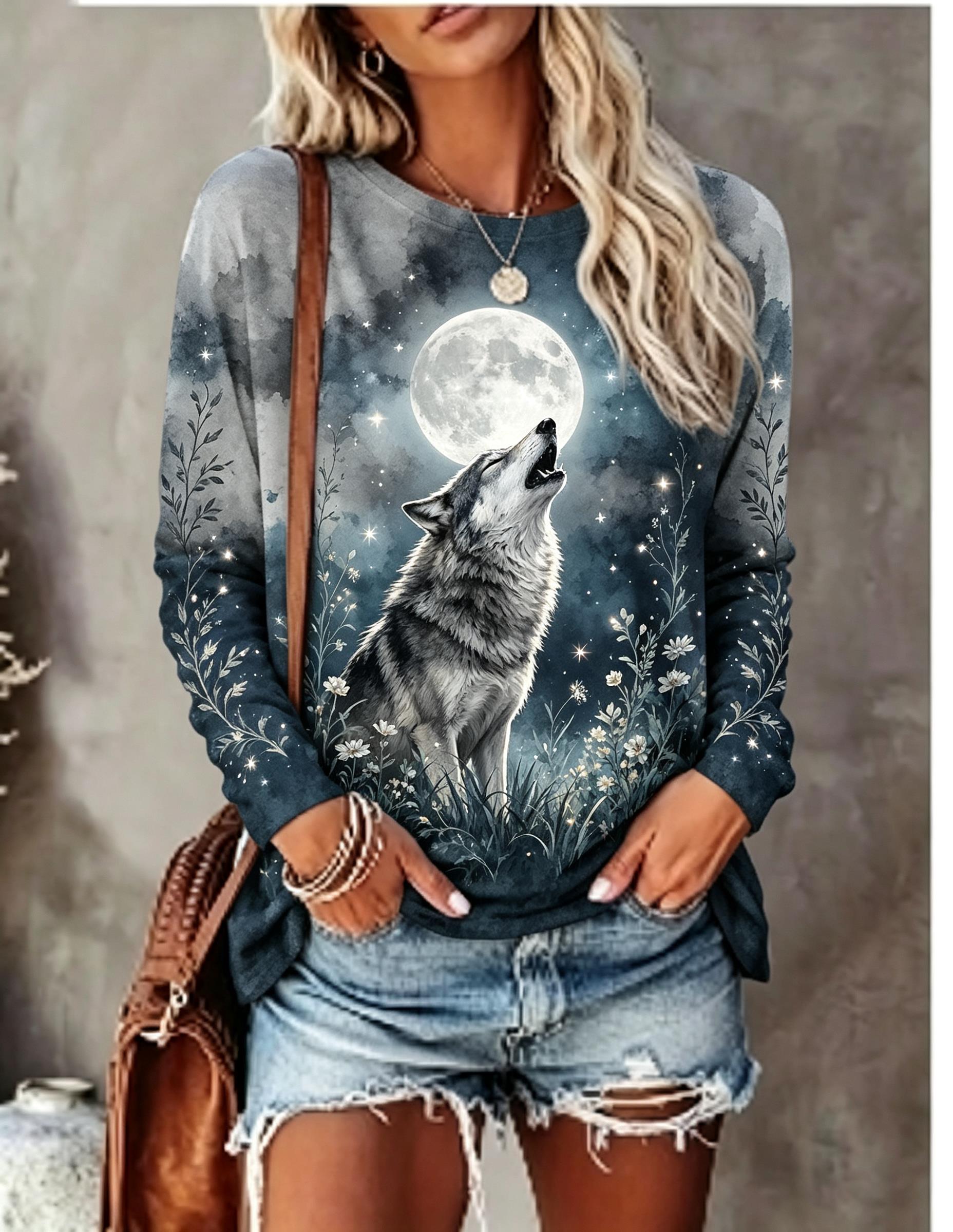 Blouses - レディース 長袖Tシャツ、ウルフ（狼）の咆哮、満月、ワイルドな花柄、夜のプリント、クルーネック、カジュアル、秋のトップス。