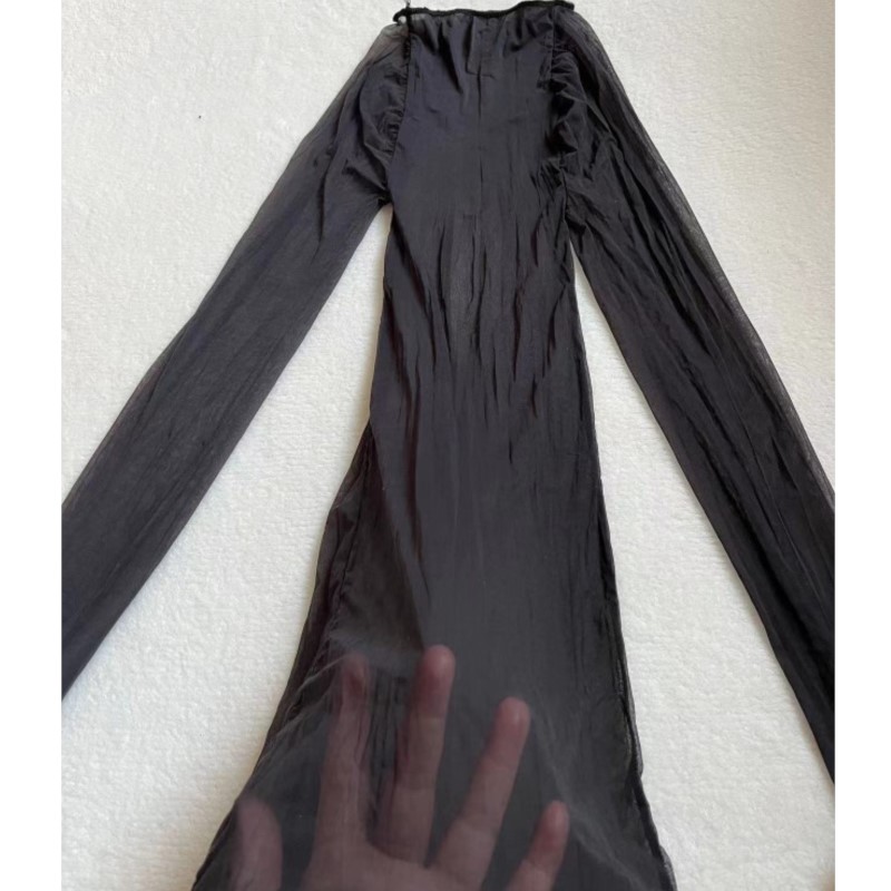 Sexy Mesh Sheer Bodycon Dress - 透明で滑らかでセクシーなボディストッキング、ストレッチシームレスランジェリードレス、長袖タイトなボディコン、シースルーペンシルスカート、ナイトウェア