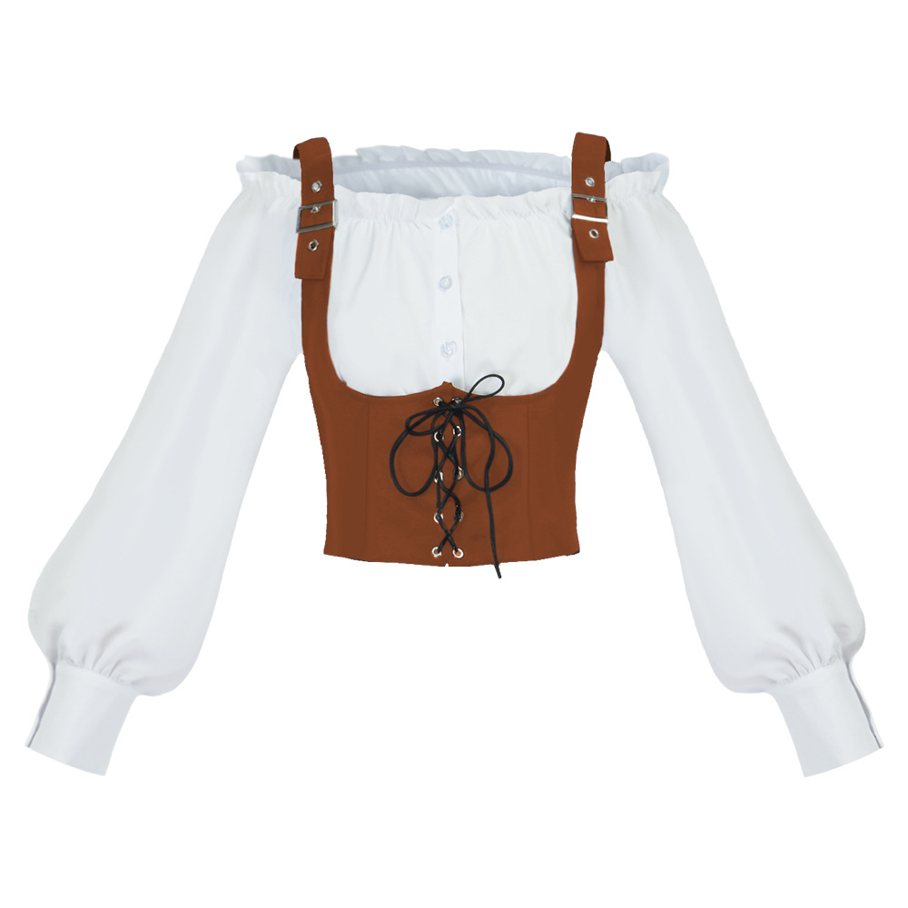 Blouses - レトロな西部風の女性用ブラウス、スエード素材のベスト、異素材を組み合わせた長袖クロップドトップス、コルセット風Tシャツ、オクトーバーフェストやハロウィーンのコスチュームに。