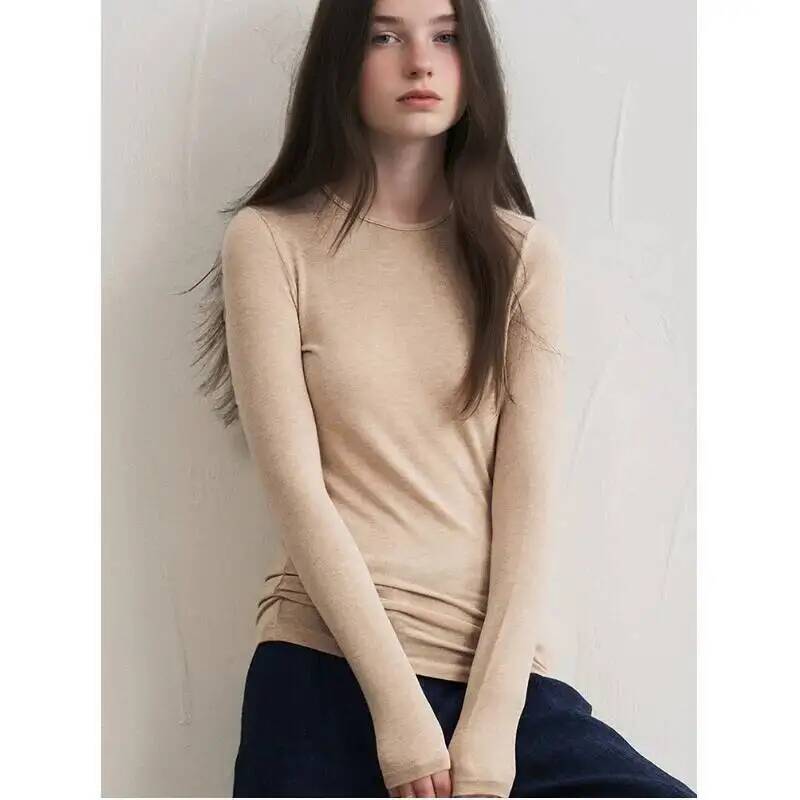 Blouses - レディースカシミヤ混紡長袖トップス 秋冬用 ソフトモーダルストレッチ スリムフィット ラウンドネック ベーシックレイヤリングニットTシャツ