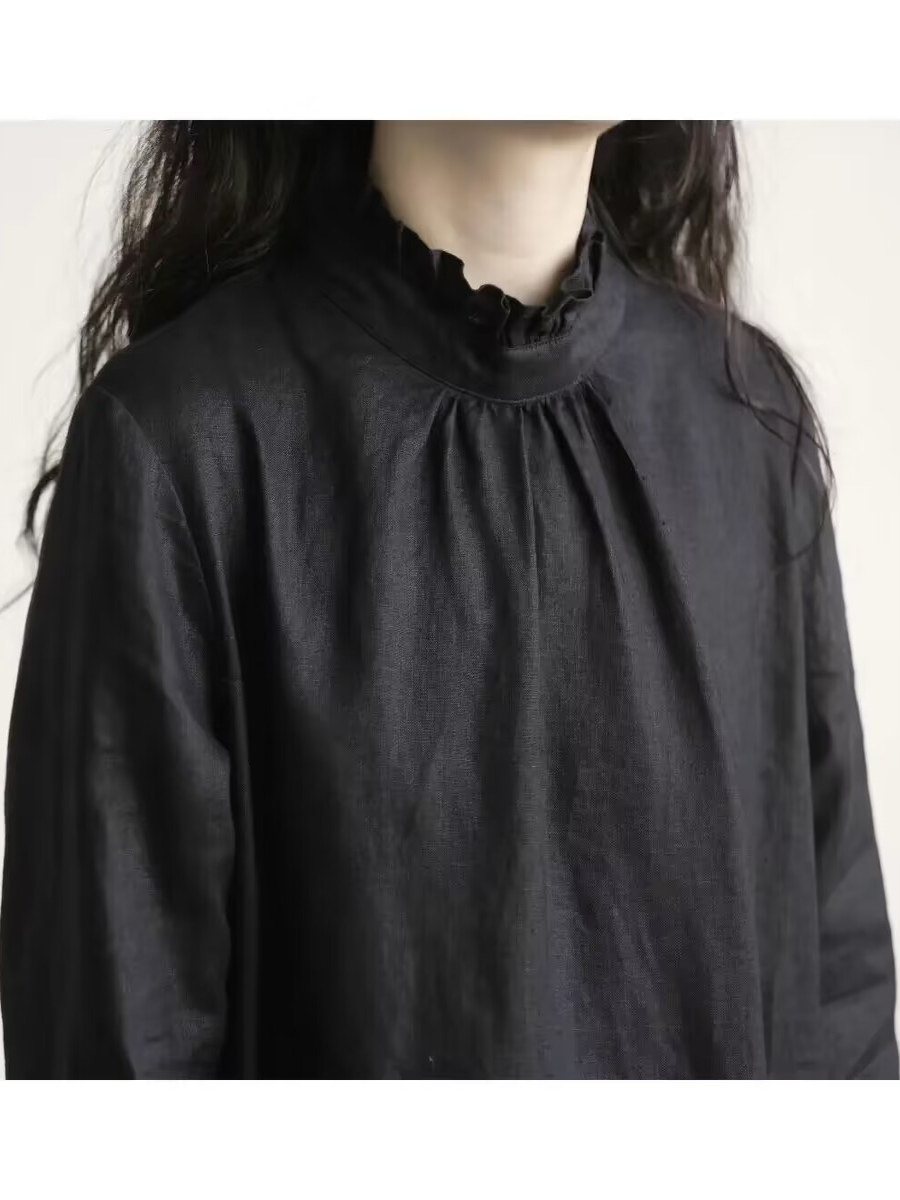 黒レース襟長袖リネンドレス女性の秋の新スタイル痩身芸術的なス - Casual Loose Linen Shirt Dress のレビューと価格