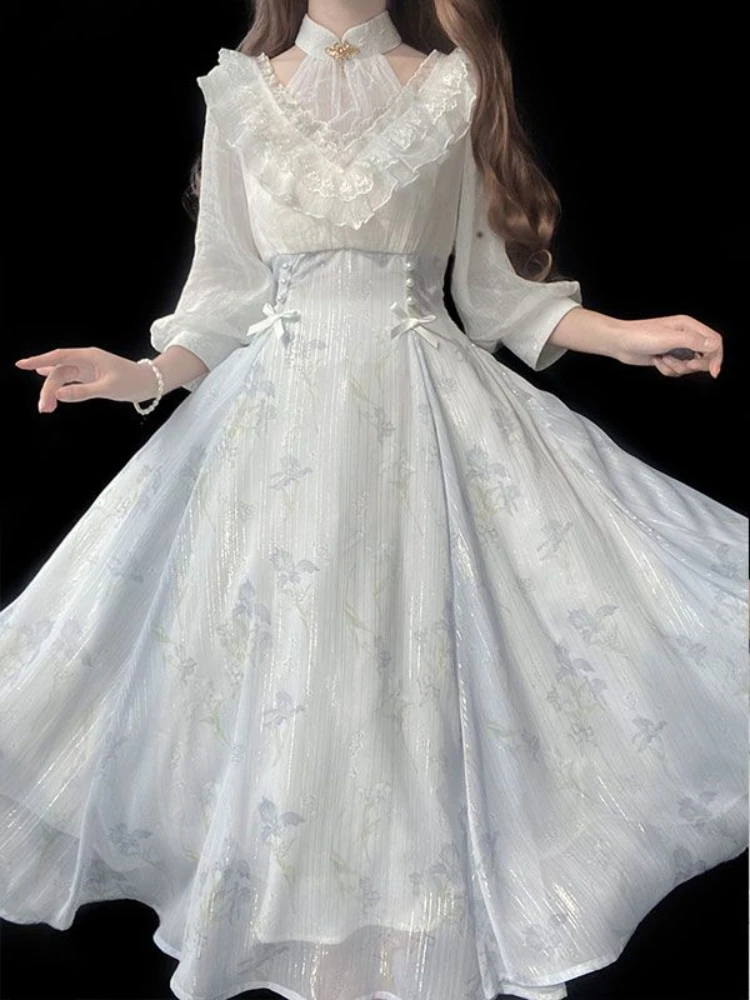 女性用花柄ロリータワンピースドレス 韓国風 2026年夏 イ - French Vintage Floral Midi Dress のレビューと価格