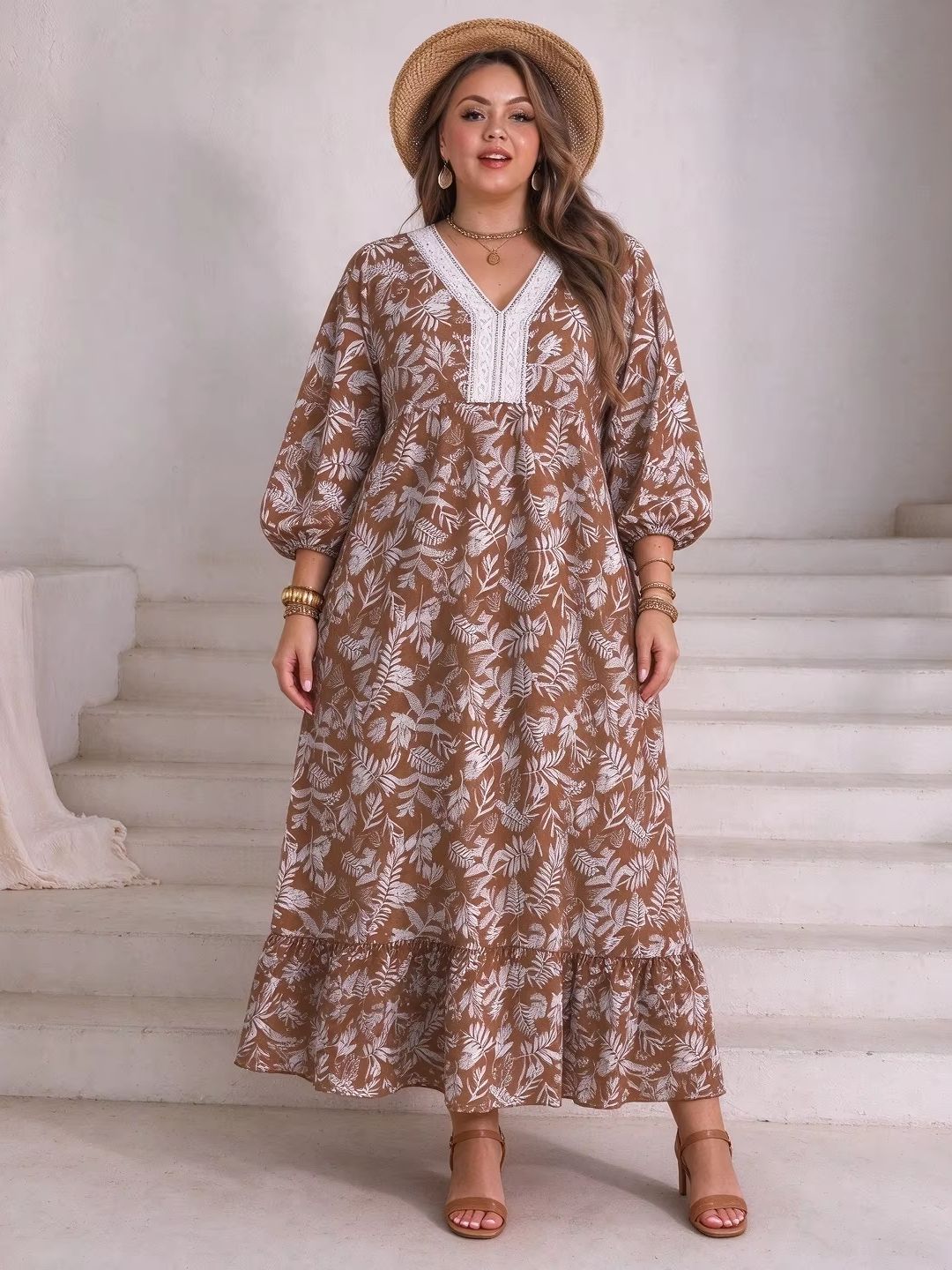 プラスサイズ女性用、葉っぱ柄のフローラルプリント、マキシ丈、 - Boho Summer Beach Maxi Dress のレビューと価格