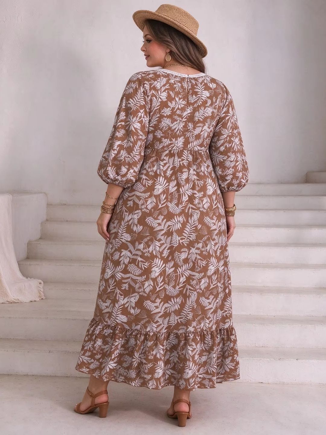 プラスサイズ女性用、葉っぱ柄のフローラルプリント、マキシ丈、 - Boho Summer Beach Maxi Dress のレビューと価格