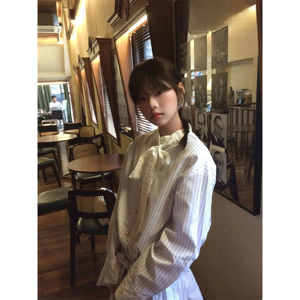 韓国風スイートスクールスタイルストライプスプライシング長袖シ - Korean Style A Line Shirt Dress のレビューと価格