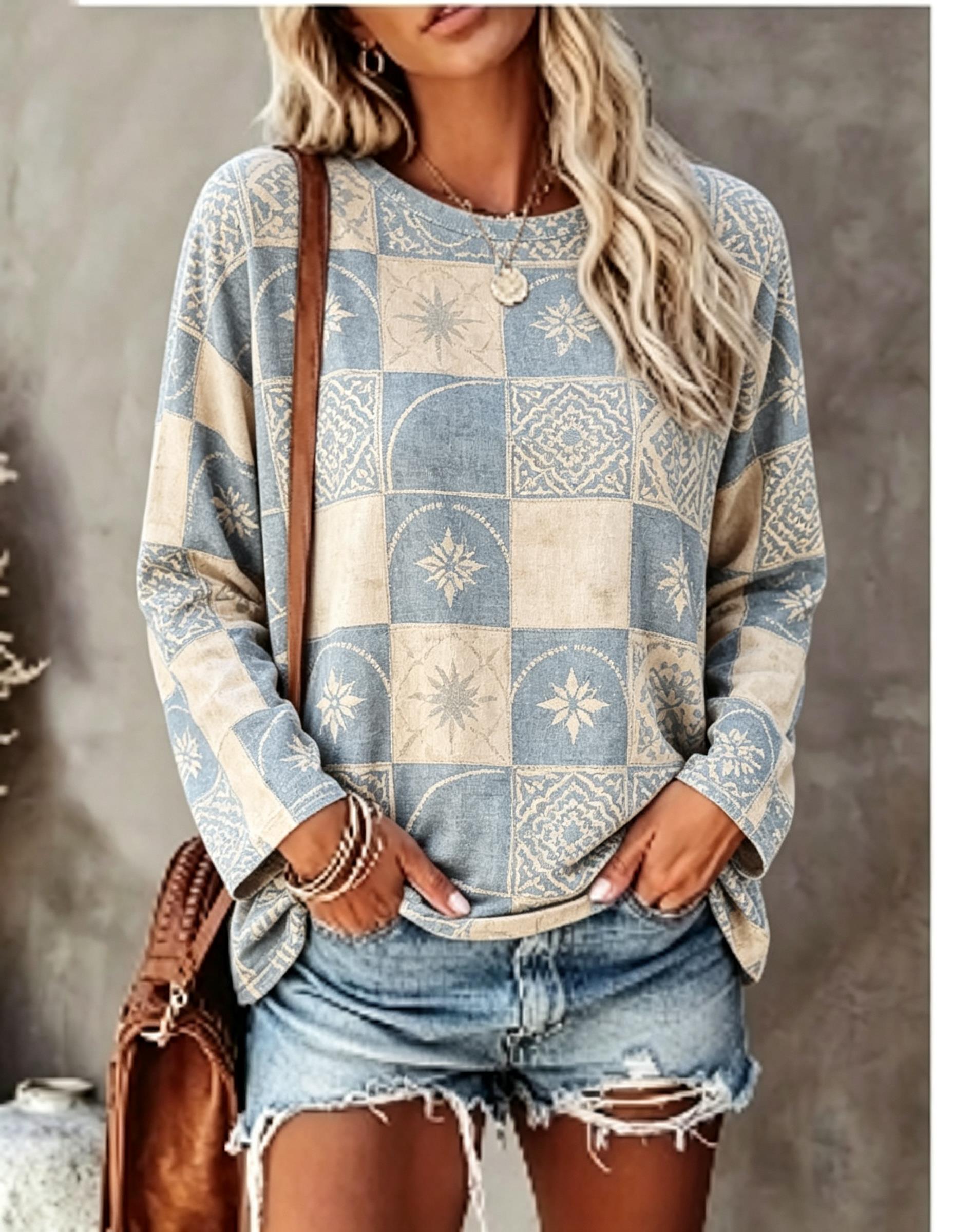 レディース 長袖Tシャツ、グリーンとベージュのチェック柄、ケ - Blouses のレビューと価格