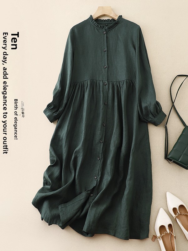 カジュアルルーズコットンリネン長袖ドレス女性の春秋の新スタイ - Casual Loose Linen Shirt Dress のレビューと価格