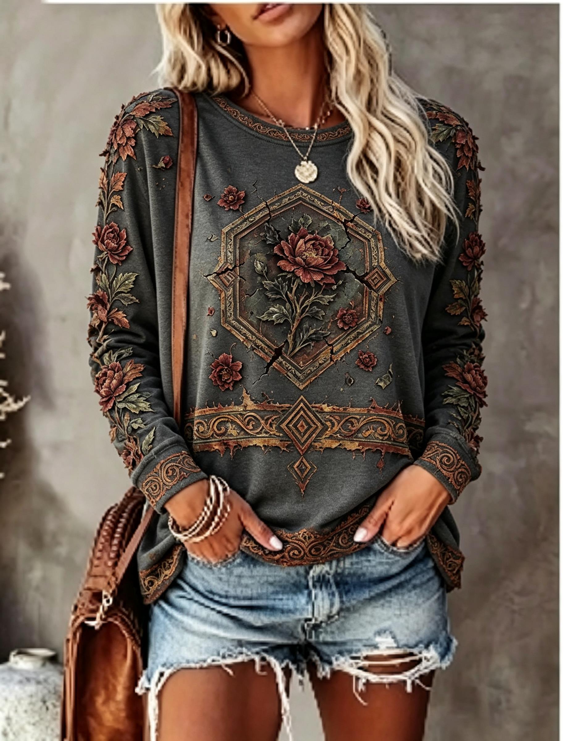 レディースクルーネック長袖Tシャツ、ボヘミアンマンダラエスニ - Blouses のレビューと価格