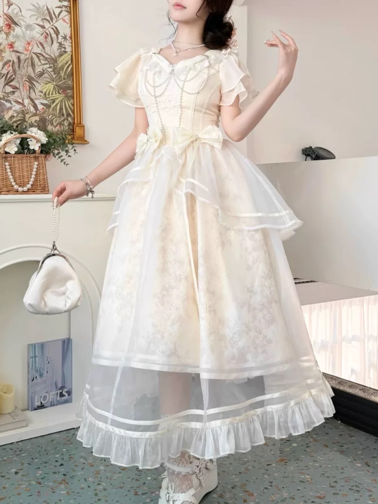 フォレストスタイル甘いヴィンテージ弓デザインドレス女性スリム - French Vintage Floral Midi Dress のレビューと価格