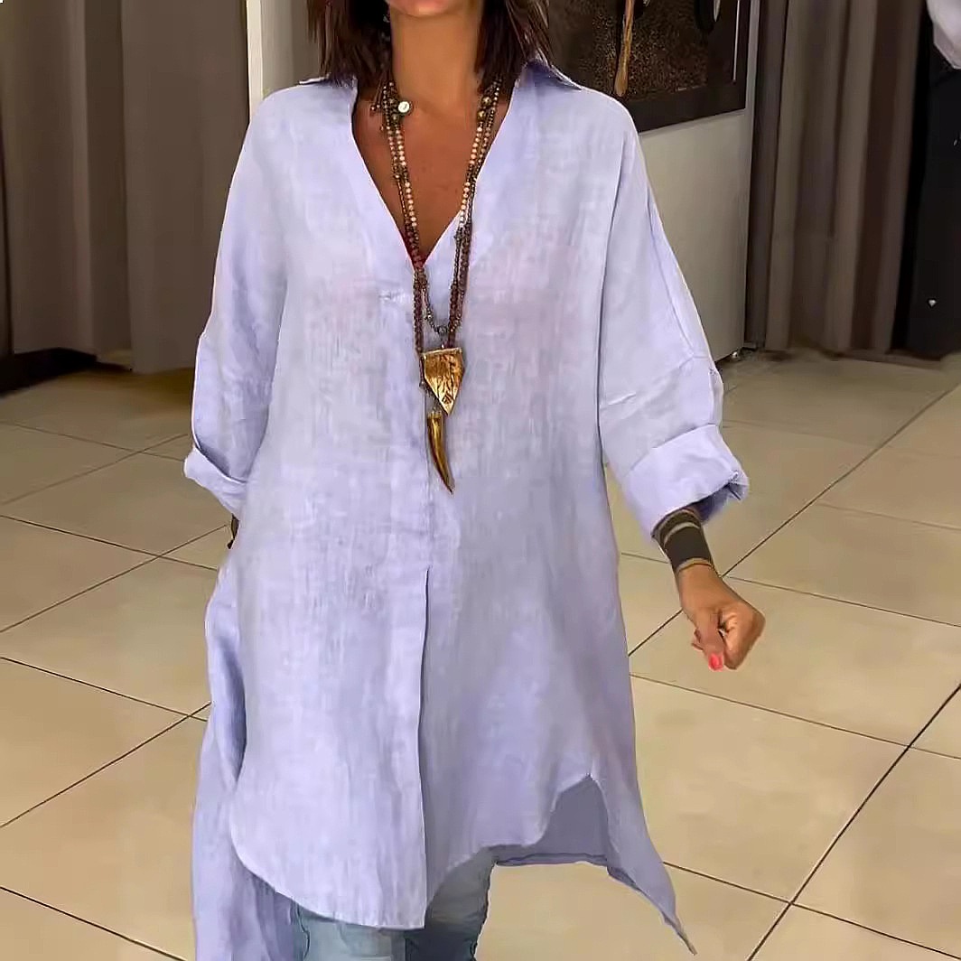 レディース リネンシャツワンピース ゆったりとしたカジュアル - Casual Loose Linen Shirt Dress のレビューと価格