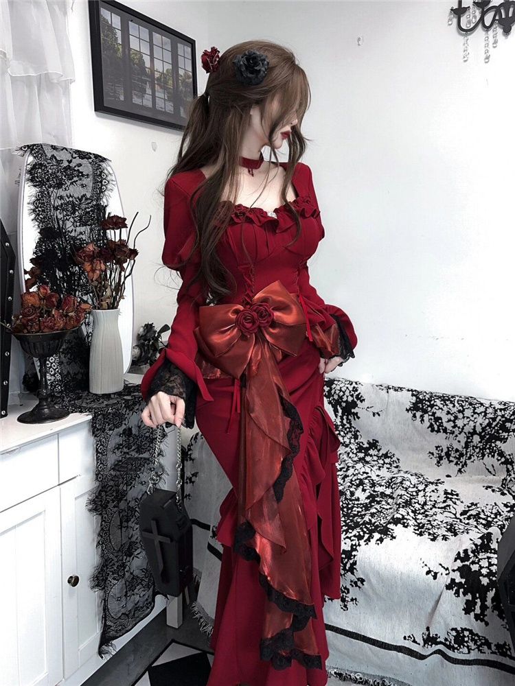 春赤ヴィンテージドレス女性レースフレンチレトロエレガントなイ - French Vintage Floral Midi Dress のレビューと価格