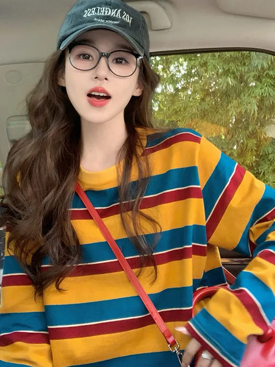 レディース、カラーブロック、ストライプ柄、長袖Tシャツ、クル - Blouses のレビューと価格