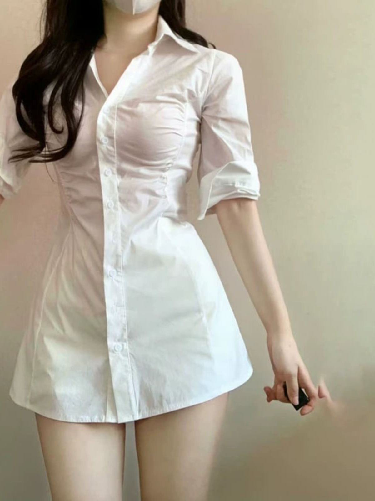 セクシーなプリーツ入りウエストシェイプシャツワンピース 韓国 - Korean Style A Line Shirt Dress のレビューと価格