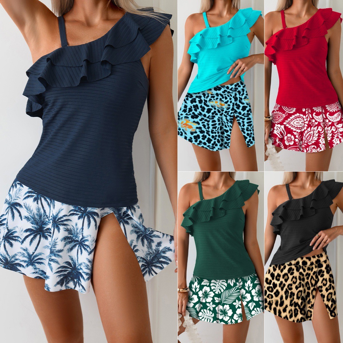 女性用タンキニ水着 ノースリーブクロップトップ フリルトリム - Skirts のレビューと価格