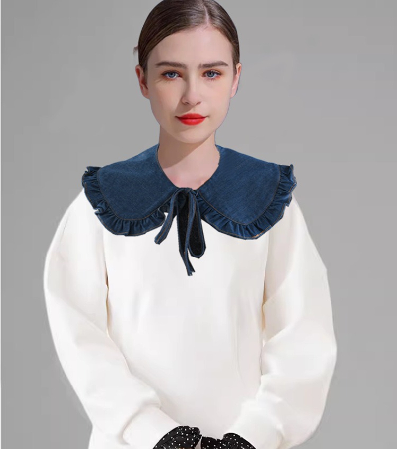 甘いブルーのデニム素材、フリル付き、取り外し可能な襟、女性用 - Blouses のレビューと価格