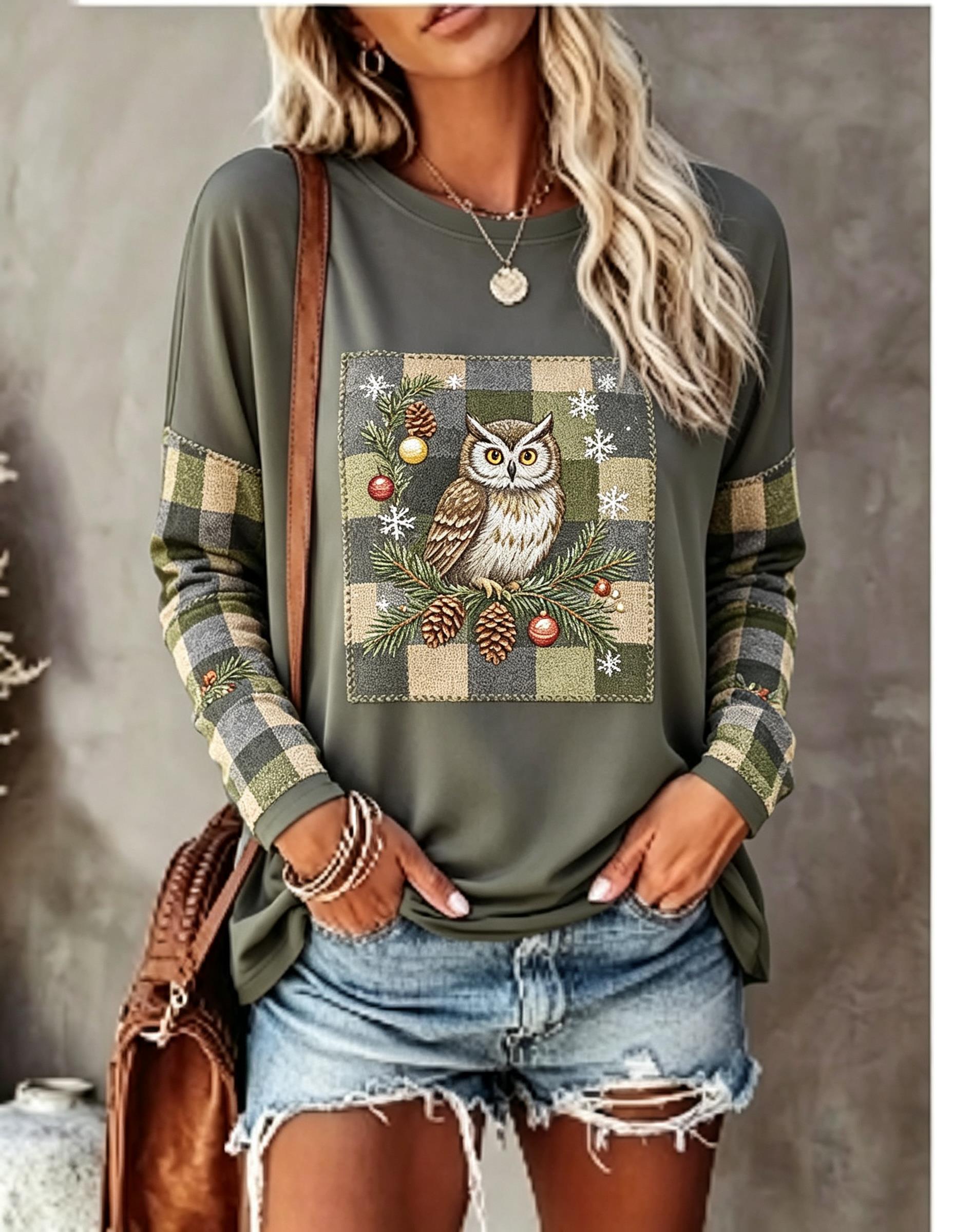レディース 長袖Tシャツ、フォックス、ウサギ、パッチワーク、 - Blouses のレビューと価格