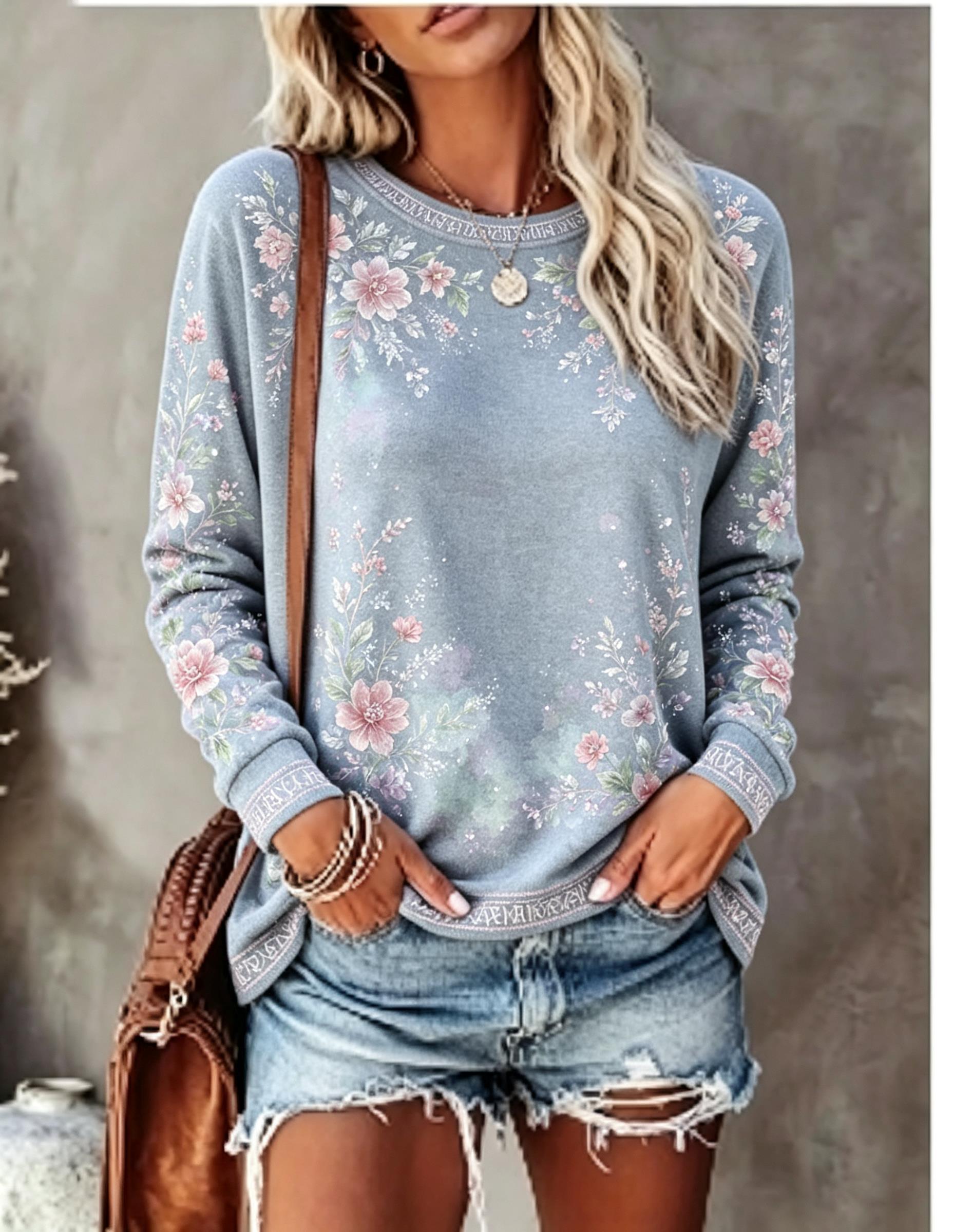 レディースクルーネック長袖Tシャツ、ヴィンテージフローラルロ - Blouses のレビューと価格