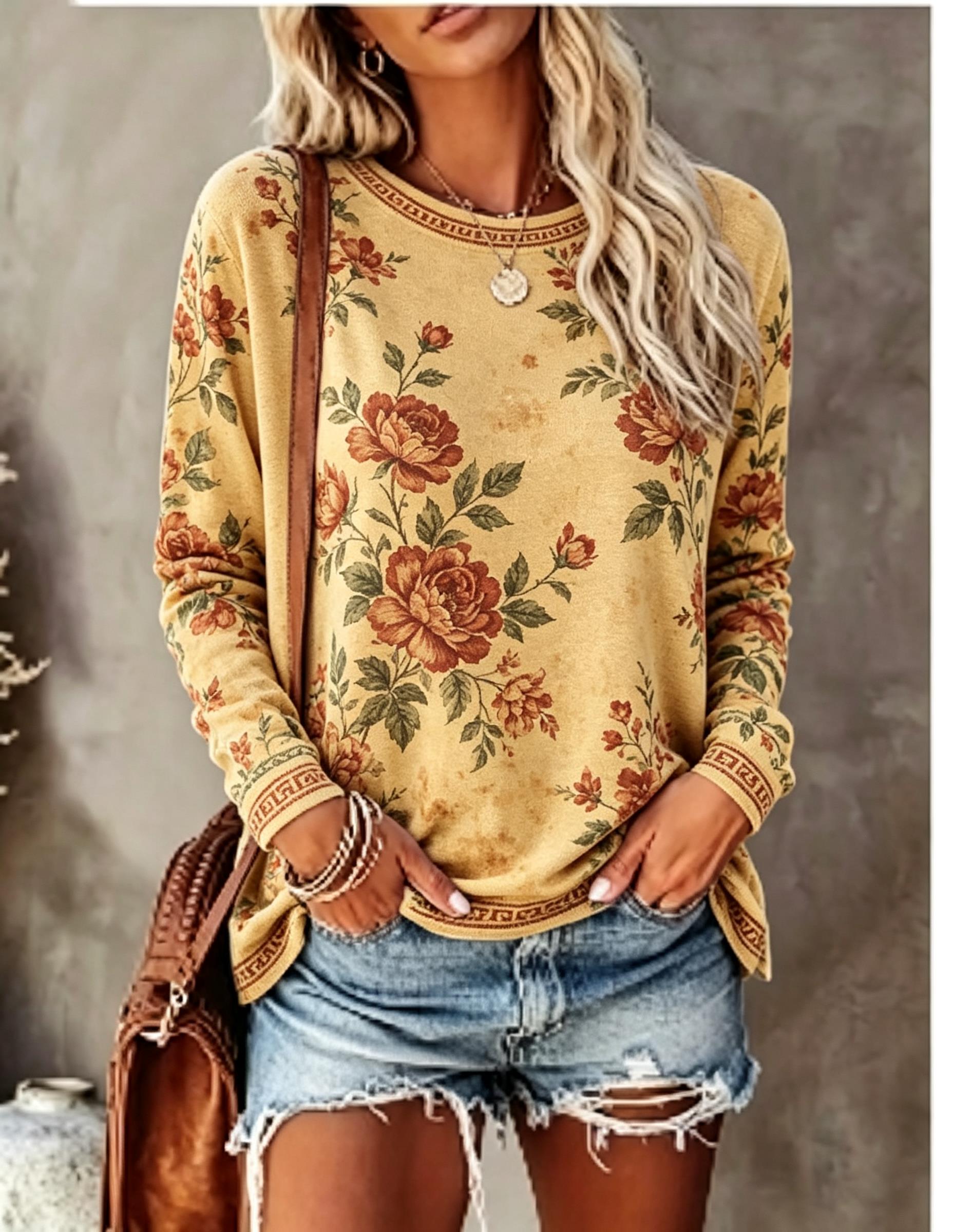 レディースクルーネック長袖Tシャツ、ヴィンテージフローラルロ - Blouses のレビューと価格