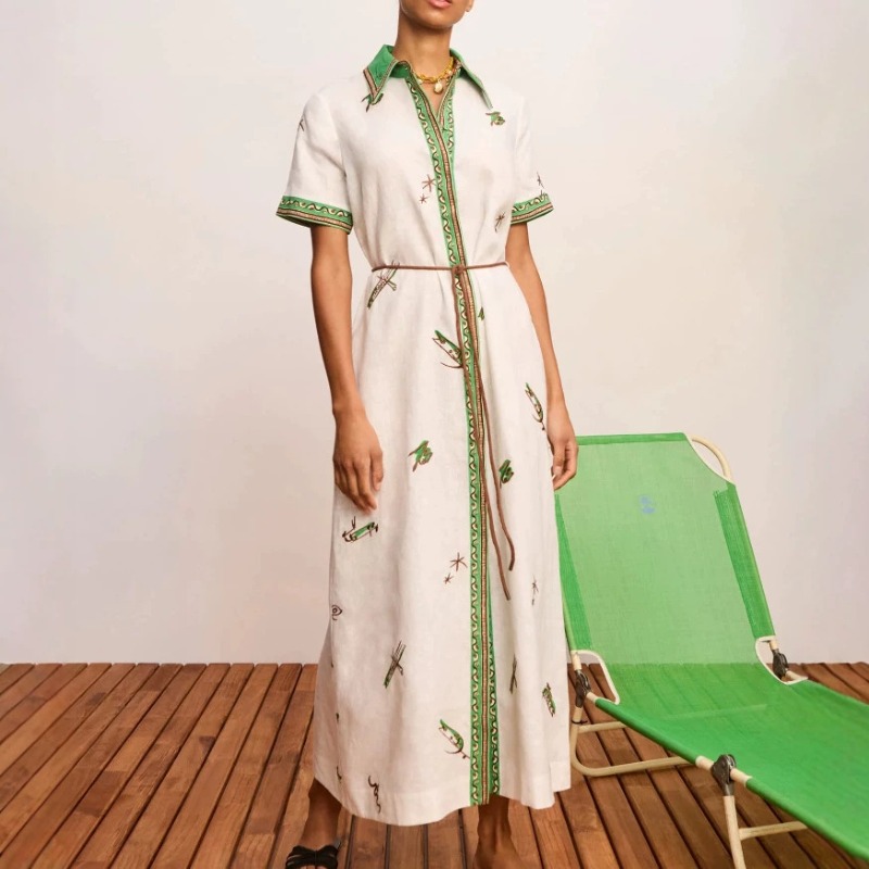 2026年秋新作オリジナルレディースリネン花柄プリントマキシ - Casual Loose Linen Shirt Dress のレビューと価格